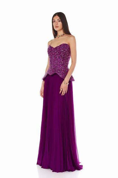 Fuşya Payetli Peplum Detaylı Abiye Elbise